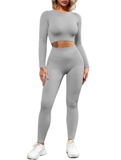 Seamless Workout Outfits for Women 2 Piece Ribbed Long Sleeve Crop Top Tummy Control Leggings Sets