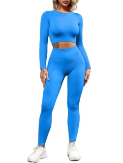 Seamless Workout Outfits for Women 2 Piece Ribbed Long Sleeve Crop Top Tummy Control Leggings Sets