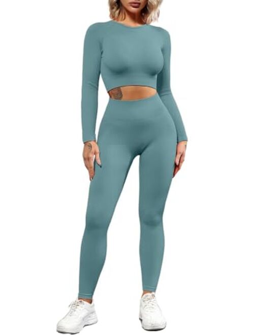 QINSEN Seamless Workout Outfits for Women 2 Piece Ribbed Long Sleeve Crop Top Tummy Control Leggings Sets