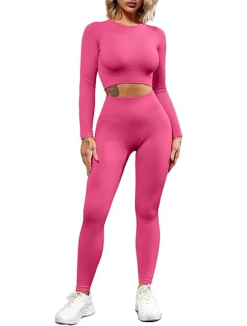 QINSEN Seamless Workout Outfits for Women 2 Piece Ribbed Long Sleeve Crop Top Tummy Control Leggings Sets