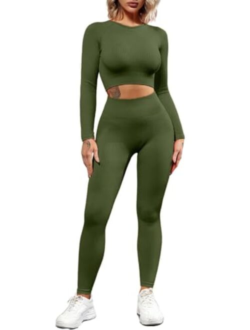 QINSEN Seamless Workout Outfits for Women 2 Piece Ribbed Long Sleeve Crop Top Tummy Control Leggings Sets