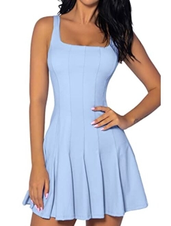 Womens Sleeveless Tennis Dress with Shorts Square Neck Ribbed Pleated Athletic Dresses