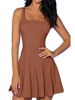 Womens Sleeveless Tennis Dress with Shorts Square Neck Ribbed Pleated Athletic Dresses