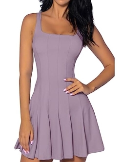 Womens Sleeveless Tennis Dress with Shorts Square Neck Ribbed Pleated Athletic Dresses