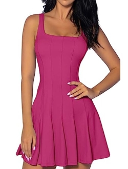 Womens Sleeveless Tennis Dress with Shorts Square Neck Ribbed Pleated Athletic Dresses