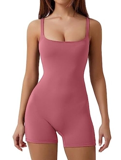 Women's Square Neck One Piece Short Jumpsuit Yoga Exercise Workout Rompers