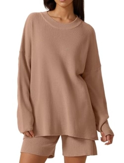 Lounge Set for Women Long Sleeve Pullover Sweater with Shorts Two Pieces Loungewear