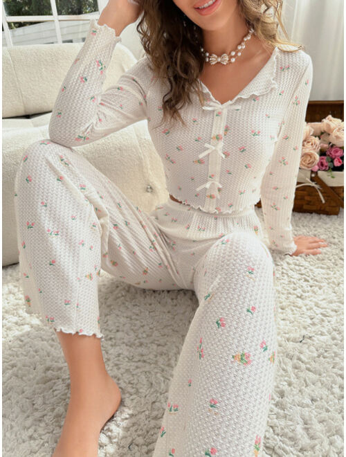 Ditsy Floral Print Lettuce Trim PJ Set