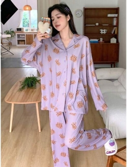 Bear Print Button Front PJ Set