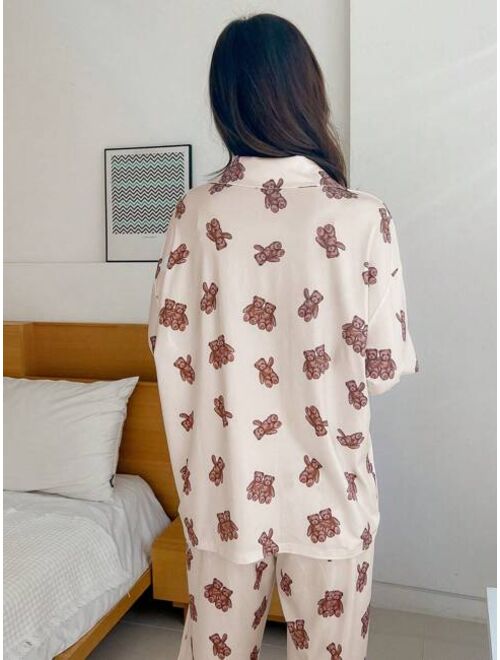 DAZY Bear Print Button Front PJ Set