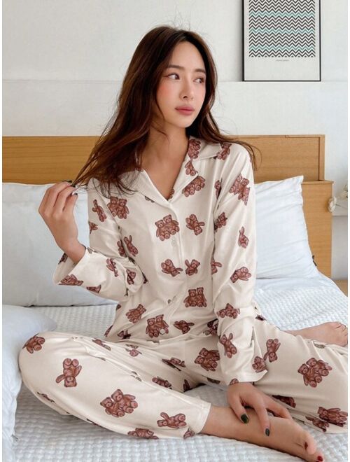 DAZY Bear Print Button Front PJ Set