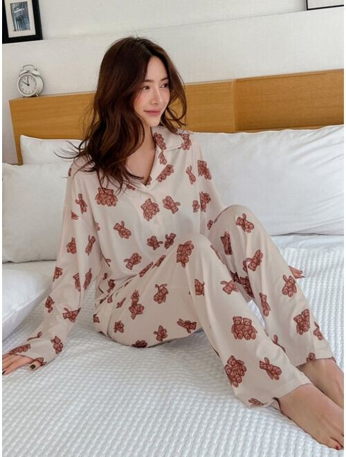 DAZY Bear Print Button Front PJ Set