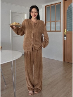 Drop Shoulder Button Front PJ Set