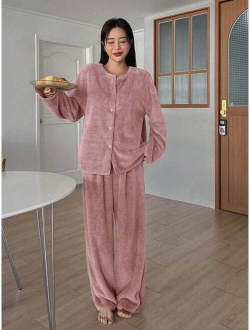 Drop Shoulder Button Front PJ Set