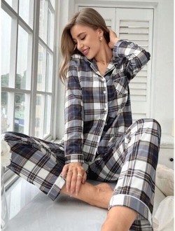 Plaid Print Contrast Piping Blouse & Pants PJ Set