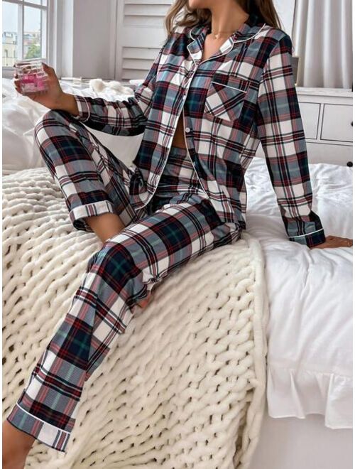 Plaid Print Contrast Piping Blouse & Pants PJ Set