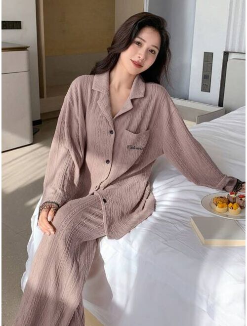 DAZY Contrast Lace Trim Pocket Front Drop Shoulder PJ Set