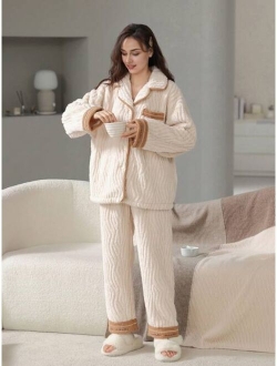 Flannel New Year Gift Women'S Casual Loose Fit Long Sleeve Long Pants Pajama Set With Letter & Heart Embroidery, Cute And Sweet