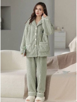 Flannel New Year Gift Women'S Casual Loose Fit Long Sleeve Long Pants Pajama Set With Letter & Heart Embroidery, Cute And Sweet