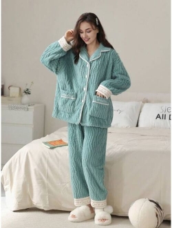 Flannel New Year Gift Women'S Casual Loose Fit Long Sleeve Long Pants Pajama Set With Letter & Heart Embroidery, Cute And Sweet