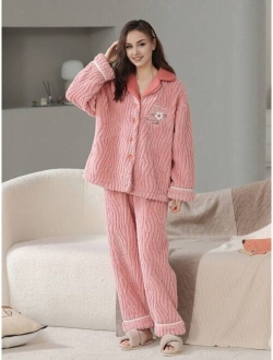 Flannel New Year Gift Women'S Casual Loose Fit Long Sleeve Long Pants Pajama Set With Letter & Heart Embroidery, Cute And Sweet