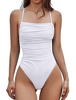 Womens Spaghetti Strap Ruched Front Lace Up Back Cheeky Thong One Piece Swimsuit