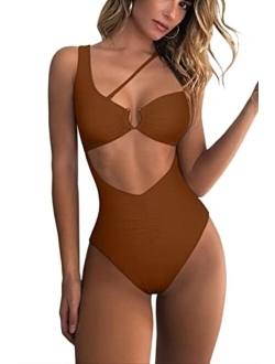 Womens One Shoulder Cutout Ruched Back High Cut Monokini One Piece Swimsuit