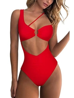 Womens One Shoulder Cutout Ruched Back High Cut Monokini One Piece Swimsuit