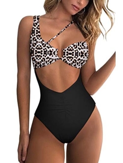 Womens One Shoulder Cutout Ruched Back High Cut Monokini One Piece Swimsuit