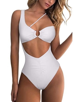 Womens One Shoulder Cutout Ruched Back High Cut Monokini One Piece Swimsuit