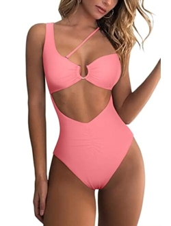 Womens One Shoulder Cutout Ruched Back High Cut Monokini One Piece Swimsuit