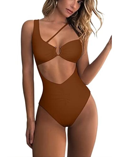 QINSEN Womens One Shoulder Cutout Ruched Back High Cut Monokini One Piece Swimsuit