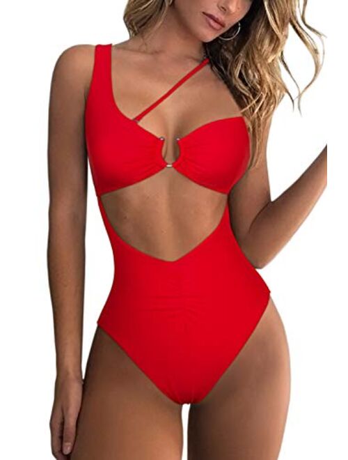 QINSEN Womens One Shoulder Cutout Ruched Back High Cut Monokini One Piece Swimsuit