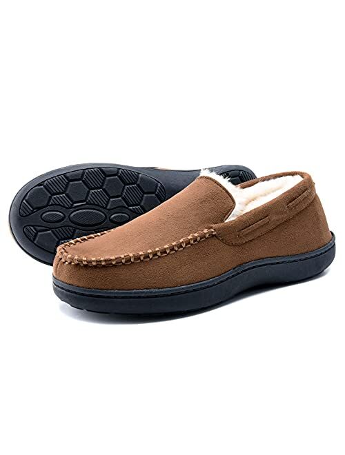 Honalika Men's Fuzzy Moccasin House Slippers Memory Foam, Cozy Mens Fluffy Warm Indoor Slippers Closed Back for Winter, Non-Slip Soft Comfy Bedroom Slippers for Men