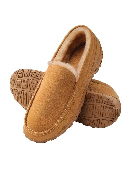 festooning Slippers for Men Mens Moccasin Slippers Fuzzy Memory Foam House Shoes Indoor Outdoor Rubber Sole