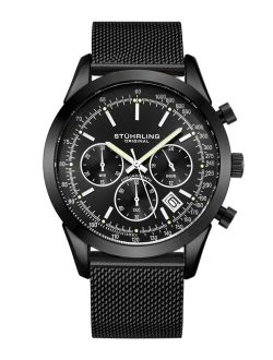 Men's Quartz Chronograph Date Black Stainless Steel Mesh Bracelet Watch 44mm