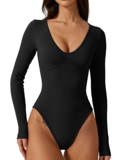 Women's Sexy V Neck Bodysuit Long Sleeve Bodycon Stretch Plunge Shirt Tops