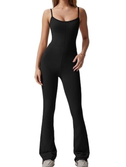 Flare Jumpsuits for Women Spaghetti Straps Scoop Neck Bodycon Full Length Casual Unitard Playsuit