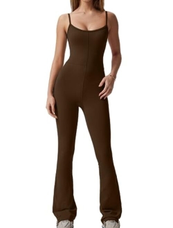 Flare Jumpsuits for Women Spaghetti Straps Scoop Neck Bodycon Full Length Casual Unitard Playsuit