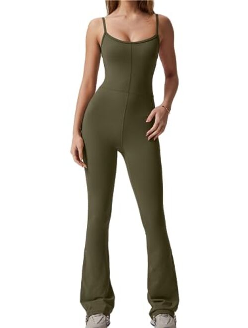 QINSEN Flare Jumpsuits for Women Spaghetti Straps Scoop Neck Bodycon Full Length Casual Unitard Playsuit