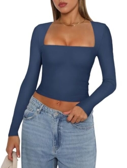 Women's Sexy Square Neck Long Sleeve Y2K Going Out T Shirt Crop Top