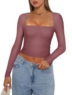 Women's Sexy Square Neck Long Sleeve Y2K Going Out T Shirt Crop Top