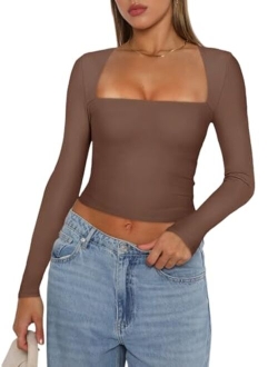 Women's Sexy Square Neck Long Sleeve Y2K Going Out T Shirt Crop Top