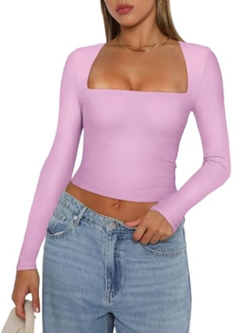 REORIA Women's Sexy Square Neck Long Sleeve Y2K Going Out T Shirt Crop Top