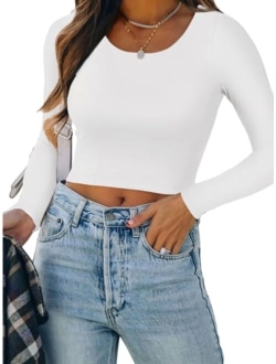 Women's Casual Long Sleeve Crew Neck Double Lined Tight T Shirts Crop Tops Basic Tee Tops