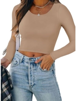 Women's Casual Long Sleeve Crew Neck Double Lined Tight T Shirts Crop Tops Basic Tee Tops