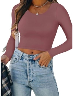 Women's Casual Long Sleeve Crew Neck Double Lined Tight T Shirts Crop Tops Basic Tee Tops