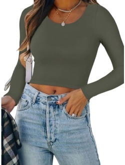 Women's Casual Long Sleeve Crew Neck Double Lined Tight T Shirts Crop Tops Basic Tee Tops