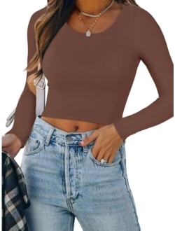 Women's Casual Long Sleeve Crew Neck Double Lined Tight T Shirts Crop Tops Basic Tee Tops