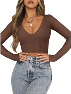 Women's Sexy Deep V Neck Double Lined Long Sleeve Y2K Going Out T Shirt Crop Top